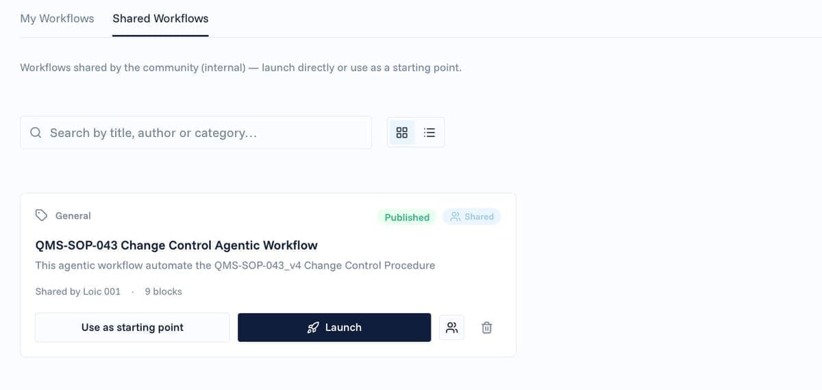 Shared workflow library - published, versioned and re-usable as a certified starting point.